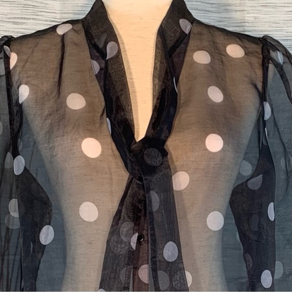 White House Black Market black and white polka-dots mesh see-through blouse. - Picture 5 of 16